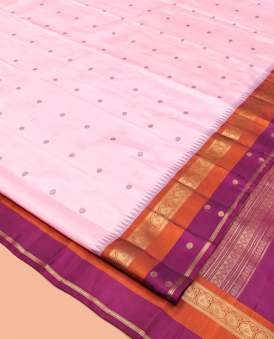 Pink Vasundhara Lite Silk Mix Saree, Crafted with Kamalam Buttas, Complemented by a Contrast Temple Border of Manga, Muthu, Banaras, and Kamalam, Grand Pallu, and a Contrast Blouse