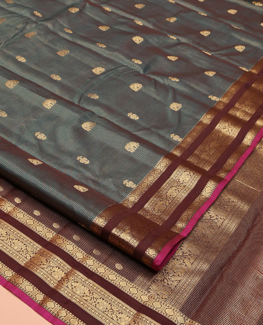 Blue Vasundhara Lite Silk Mix Saree, Richly Detailed with Yaanai, Iruthalai Pakshi and Vaira Oosai Stripes, Complemented by Captivating Contrast Border of Chakram, Muthu, Banaras, and Kodi Visiry Designs, Grand Pallu and Paired with a Contrast Blouse