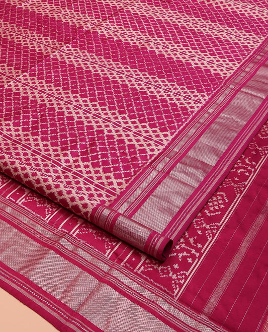 Wine Ikkat Silk Saree, Decorated with Ikkat Jaal Designs All Over Its Body, Highlighted by a Self-Border of Diamond Zari Designs, Pallu of Ikkat Designs, and Paired with a Matching Blouse