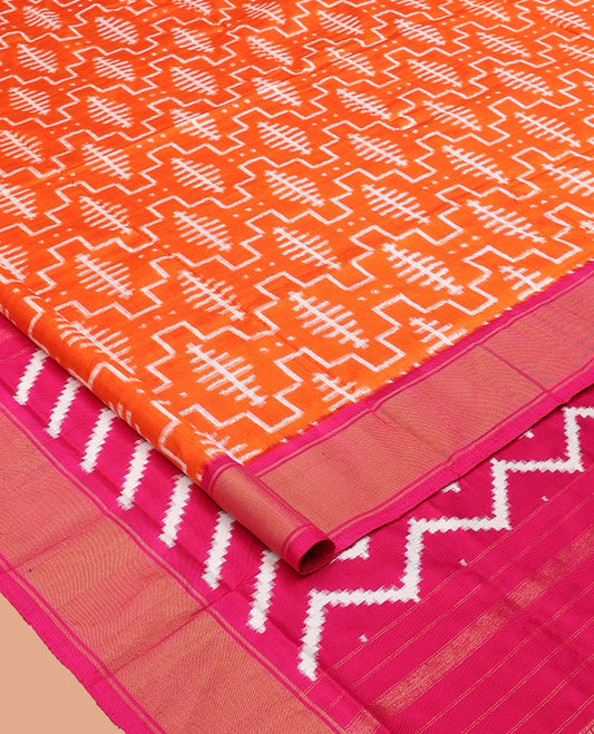 Orange Ikkat Silk Saree, Mesmerized with Ikkat-Style Geometric Patterns on Its Body, Complemented by a Contrast Border, Pallu Features Chevron Stripes, and Paired with a Contrast Blouse