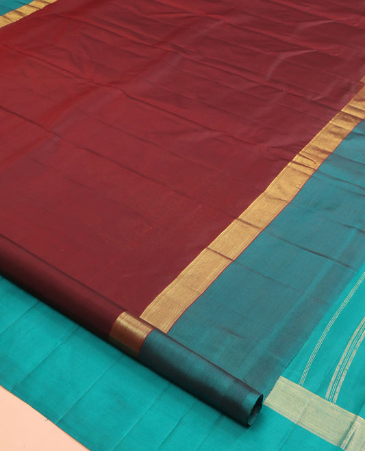 Maroon Kanchipuram Silk Saree, Woven with Goddess Lakshmi Buttas, a Contrast Goddess Lakshmi Border, Goddess Lakshmi Pallu, and a Contrast Blouse