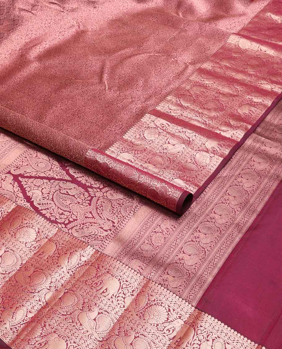 Red floral jacquard kancheepuram silk saree with self border of thilakam mokku, yanaai, mayil design & zari design pallu