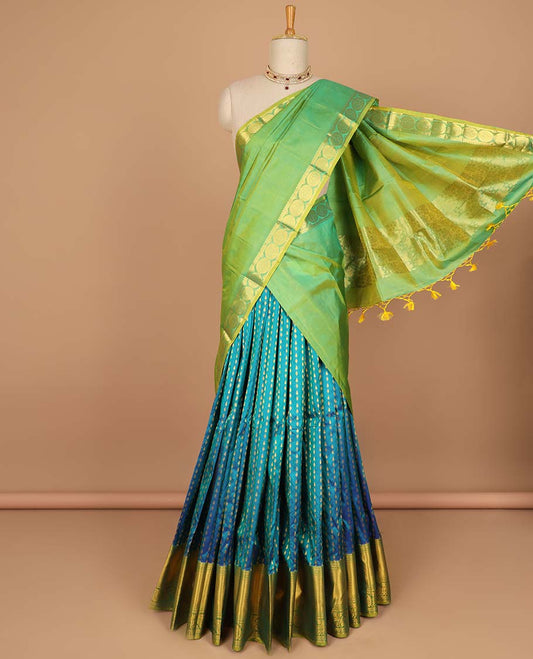 Blue floral buttas pure silk half saree with contrast zari border,  contrast zari design blouse & plain with zari border dhavani