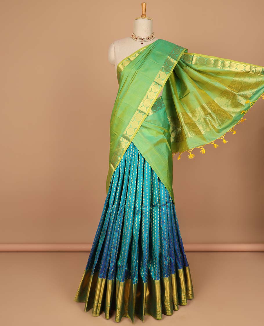 Blue floral buttas pure silk half saree with contrast zari border,  contrast zari design blouse & plain with zari border dhavani