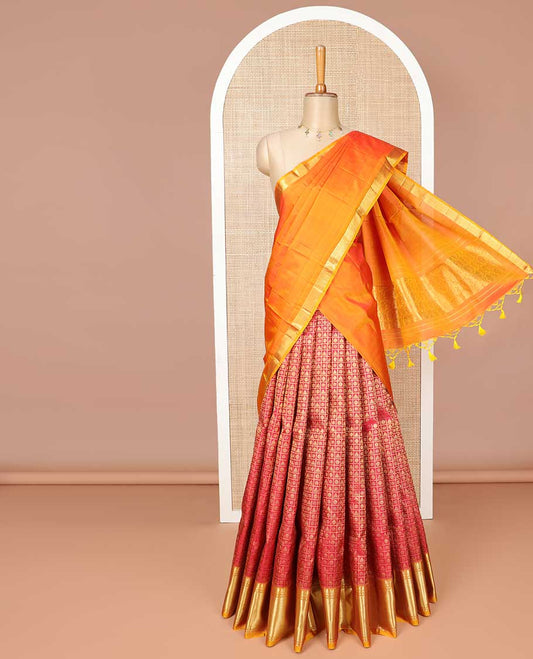 Red checked, buttas silk half saree with contrast border of thilakam mokku, banaras, paun design, zari design border & floral zari design dhavani