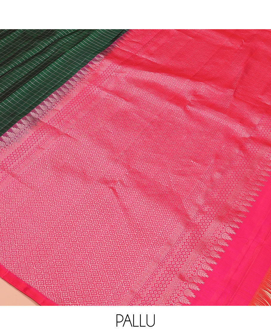 Green checked Kanchipuram silk saree, contrast border of geometric motifs, and jaal pallu