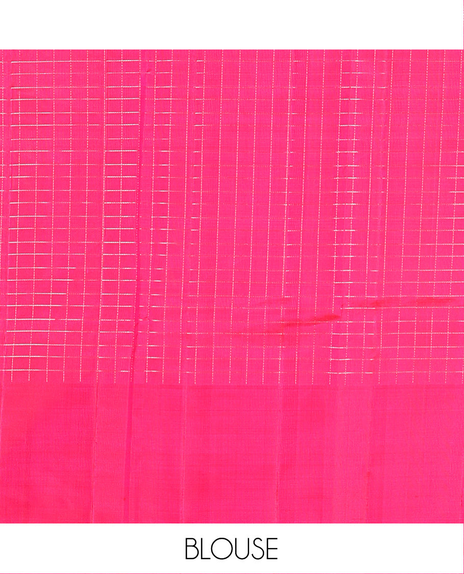 Green checked Kanchipuram silk saree, contrast border of geometric motifs, and jaal pallu