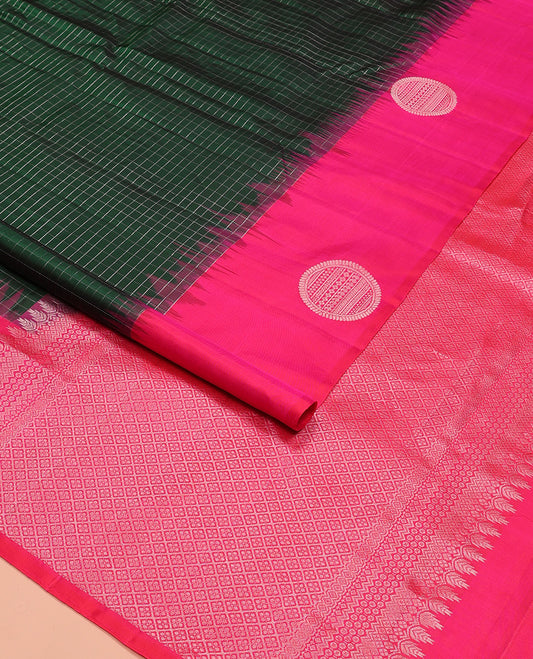 Green checked Kanchipuram silk saree, contrast border of geometric motifs, and jaal pallu