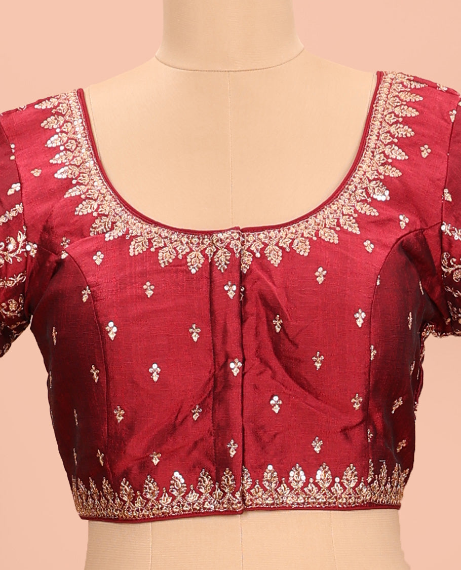Maroon embroidered round neck with elbow sleeve raw-silk blouse