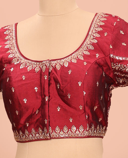 Maroon embroidered round neck with elbow sleeve raw-silk blouse