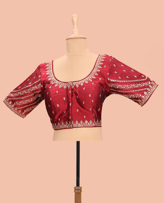 Maroon embroidered round neck with elbow sleeve raw-silk blouse