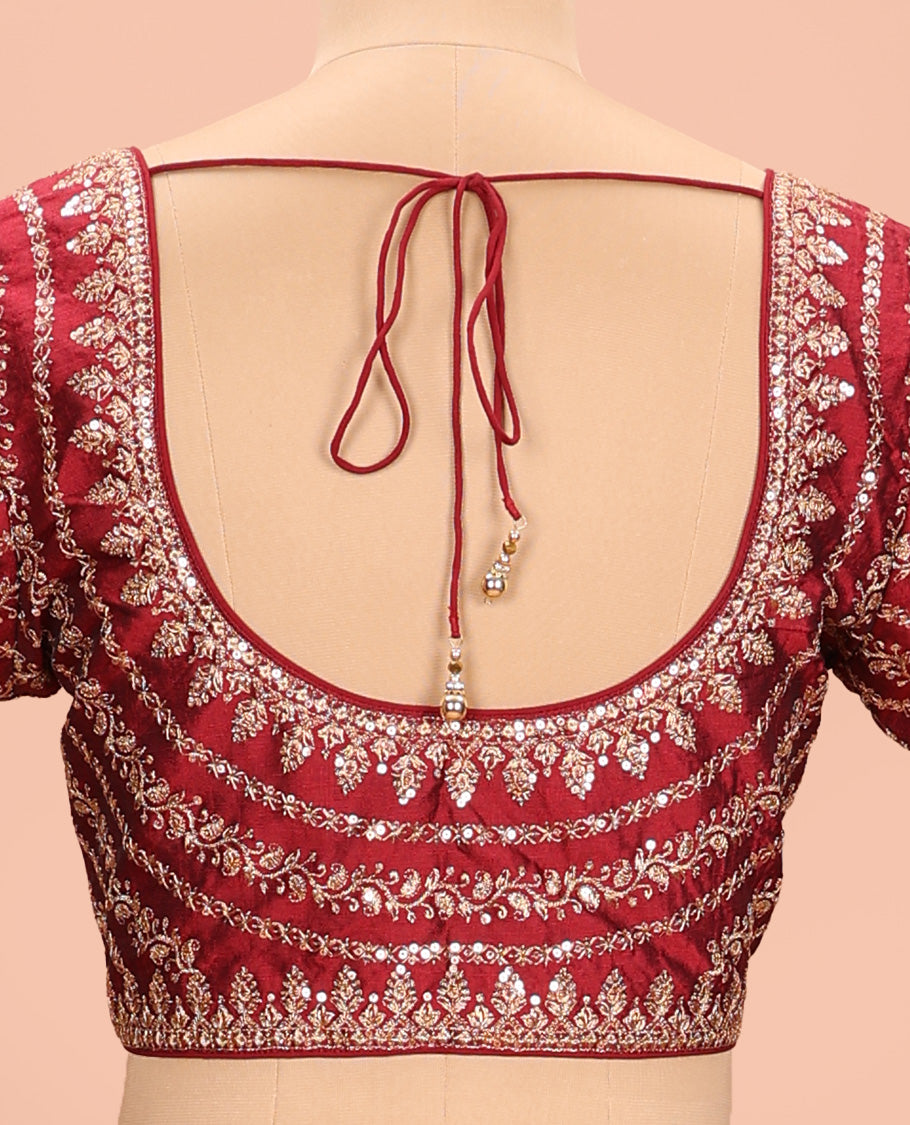 Maroon embroidered round neck with elbow sleeve raw-silk blouse