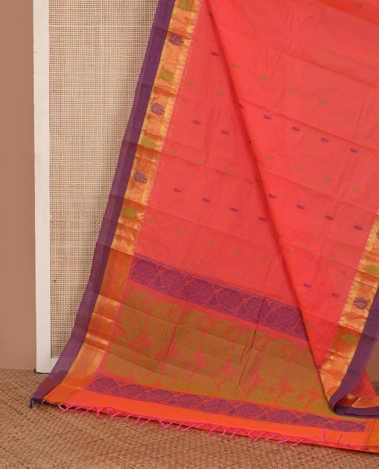 Orange thread buttas Kanchi cotton saree, contrast zari border, and pallu of floral, and paisley designs