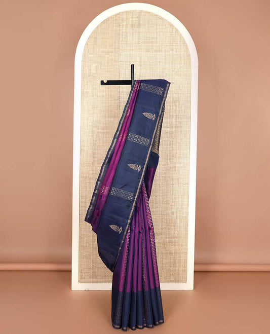 Purple zari buttas silk mix saree, contrast zari design border & pallu of manga butta enclosed checks & jaal designs