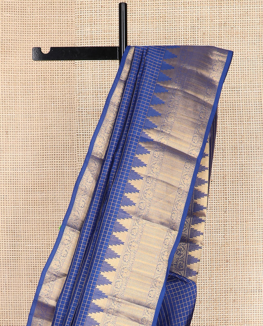 Blue checked vasundhara silk mix saree, jaal pallu & zari border of thazampoo rekku,mayil,annam,yaanai,kathir,neli & kuyil kann