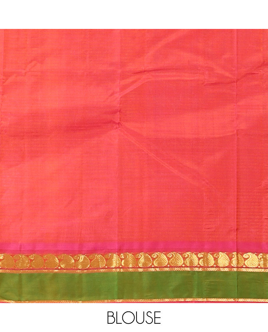 Green striped and buttas Kanchipuram silk saree, contrast rettai pettu border of manga and kathir designs, and zari design pallu