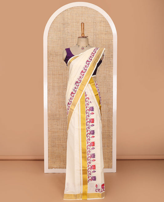 Cream colorful Pichwai Lotus printed Kerala mundu set, zari border
