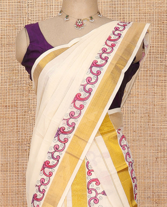 Cream colorful Pichwai Lotus printed Kerala mundu set, zari border