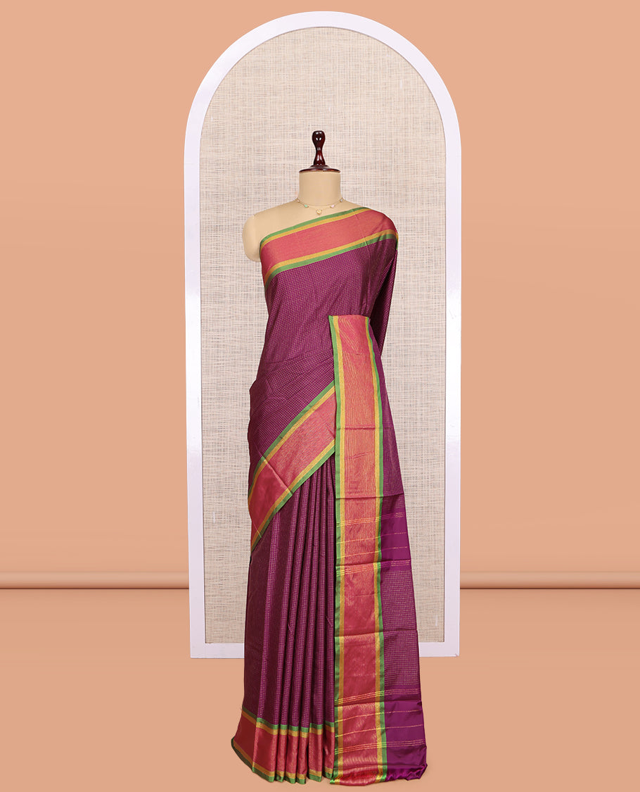 Purple Arani Saree, Embellished with Checks, a Contrast Border, a Self-Pallu, and a Matching Blouse