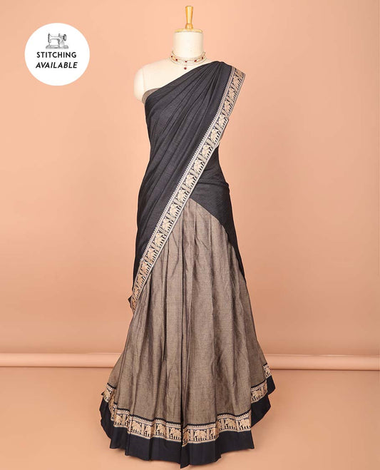 Grey cotton half saree contrast elephant border , zari design blouse & plain, elephant design border dhavani