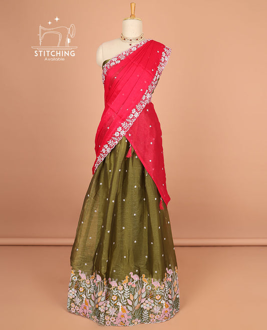 Green floral motifs thread embroidery half saree with self floral embroidery border , floral motifs blouse & floral embroidery scallop border dhavani