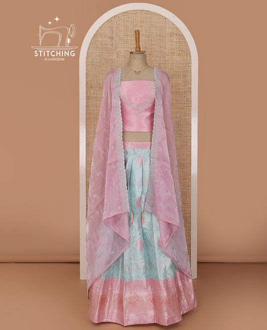 Powder blue lehenga set, meenakari-style floral jacquard & contrast zari border skirt, jacquard embroidered blouse & embroidered scallop border dhavani with belt