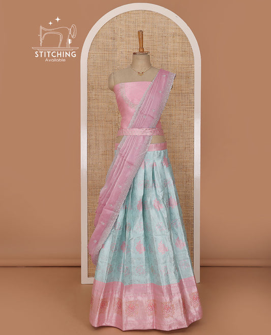 Powder blue lehenga set, meenakari-style floral jacquard & contrast zari border skirt, jacquard embroidered blouse & embroidered scallop border dhavani with belt