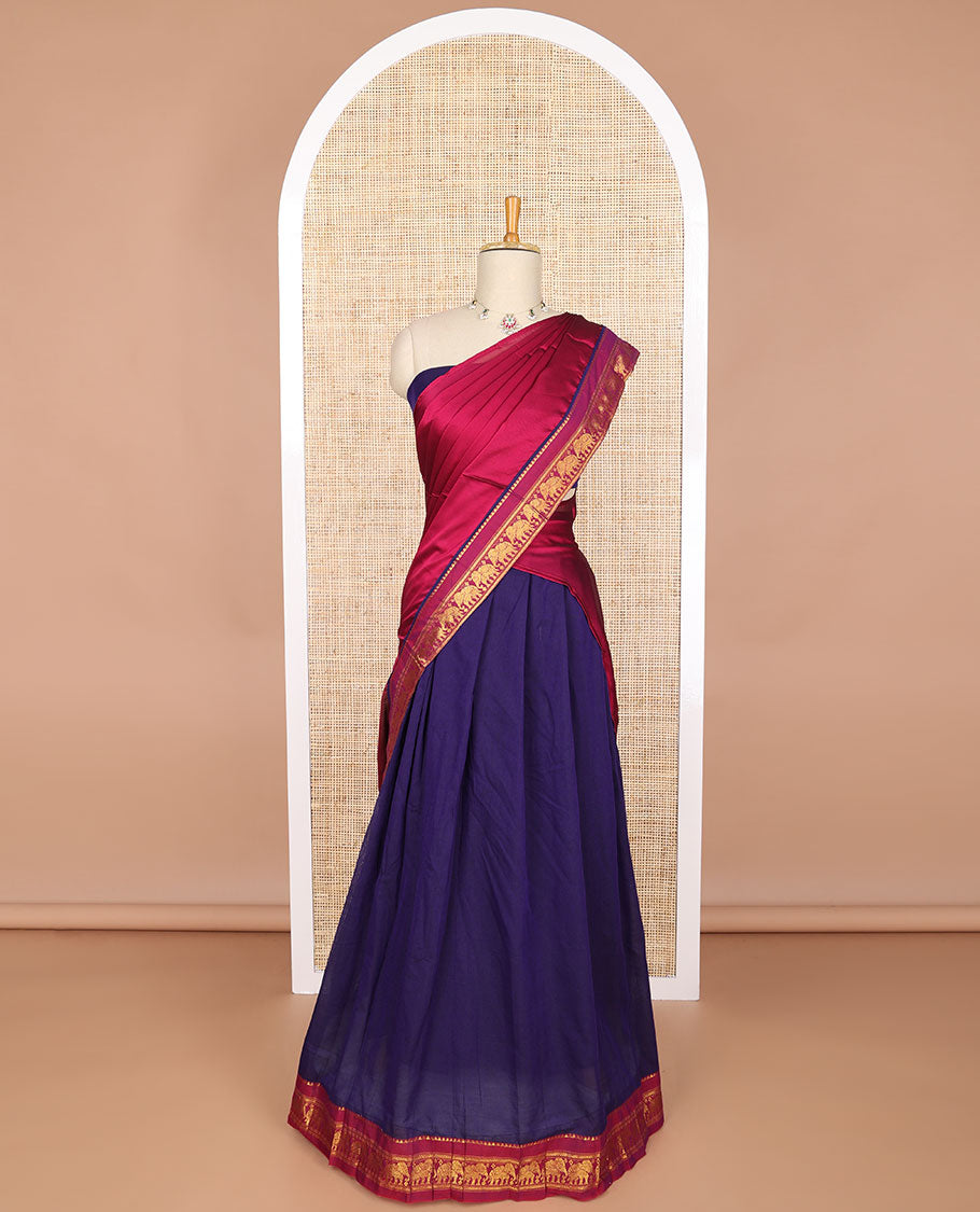 Dark blue cotton half saree with contrast temple, elephant design border, zari design blouse & zari design dhavani