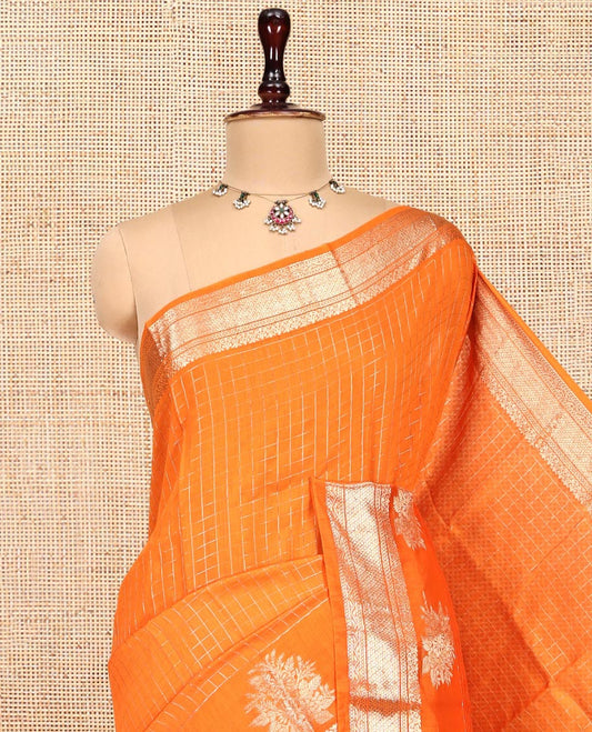 Orange Zari Checked Assam Silk Saree, Highlighted by a Traditional Zari Border, Gleaming Zari-Striped Pallu, and a Matching Blouse