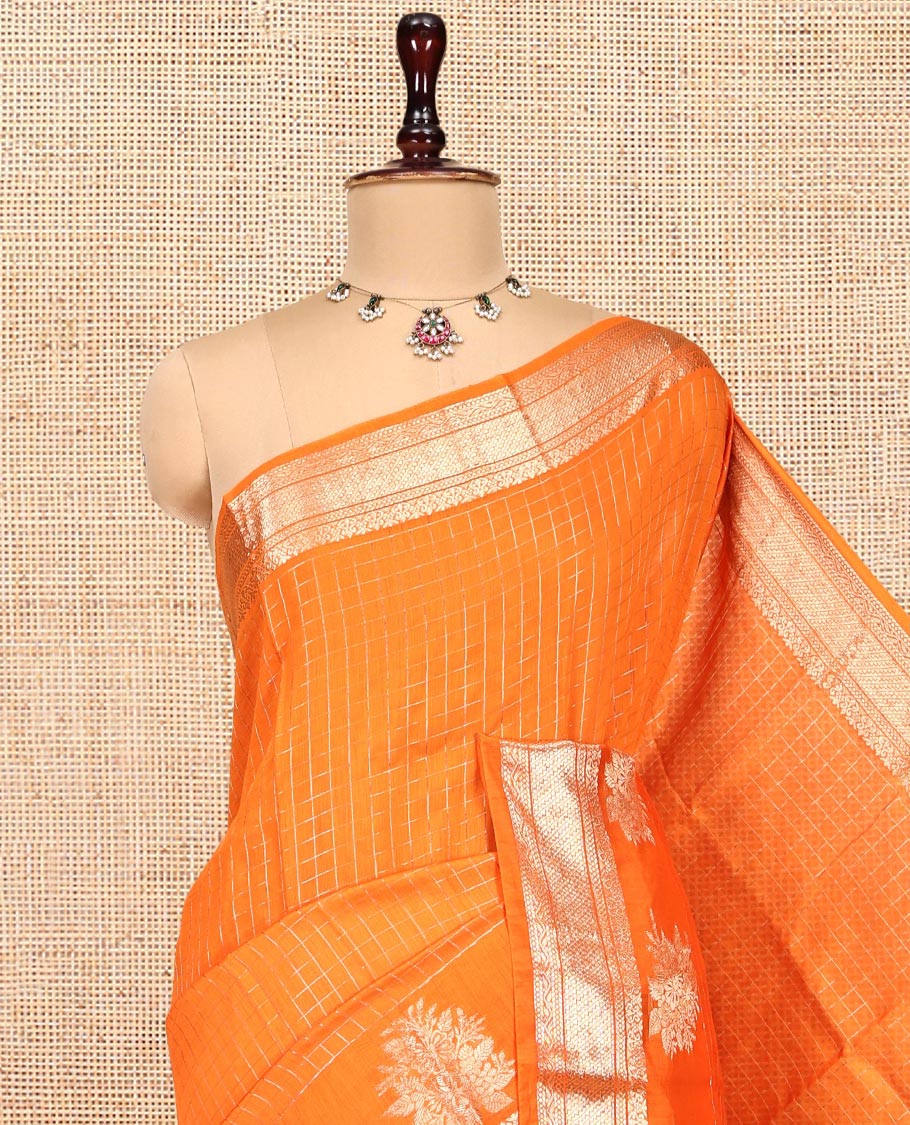 Orange Zari Checked Assam Silk Saree, Highlighted by a Traditional Zari Border, Gleaming Zari-Striped Pallu, and a Matching Blouse