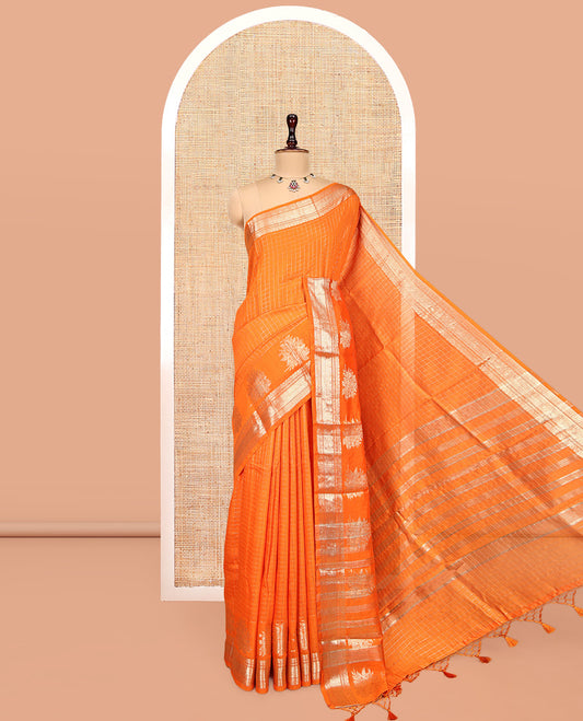 Orange Zari Checked Assam Silk Saree, Highlighted by a Traditional Zari Border, Gleaming Zari-Striped Pallu, and a Matching Blouse