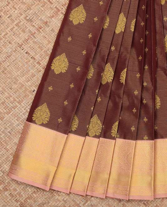 Maroon Budget Silk Saree, Detailed with Zari Buttas and Stripes, a Contrast Traditional Zari Border, Grand Pallu, and a Contrast Blouse