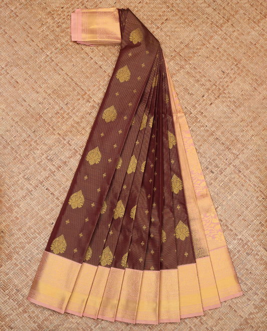 Maroon Budget Silk Saree, Detailed with Zari Buttas and Stripes, a Contrast Traditional Zari Border, Grand Pallu, and a Contrast Blouse