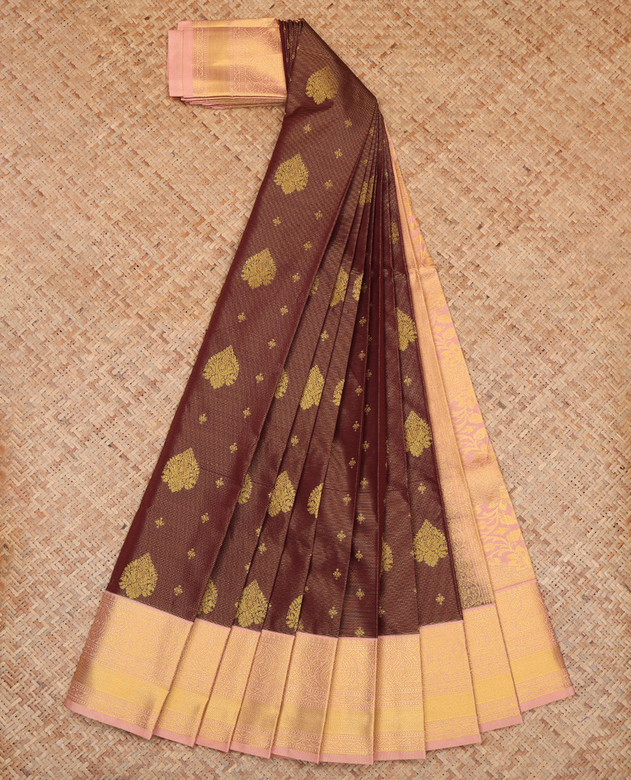 Maroon Budget Silk Saree, Detailed with Zari Buttas and Stripes, a Contrast Traditional Zari Border, Grand Pallu, and a Contrast Blouse