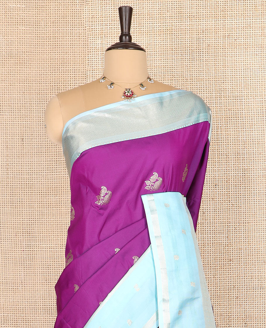 Purple zari buttas budget silk saree, contrast traditional zari design woven border, and jaal pallu
