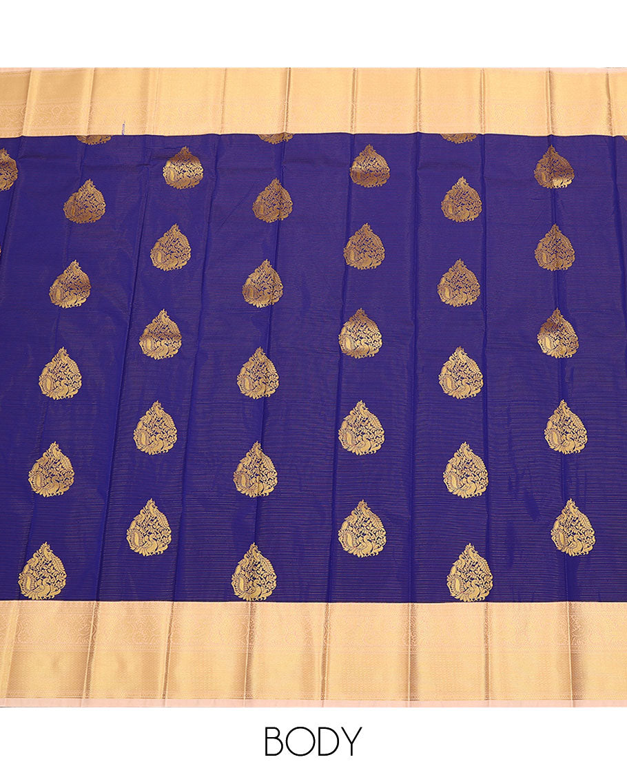 Blue zari stripes, and peacock buttas budget silk saree, contrast traditional zari design border, and jaal pallu