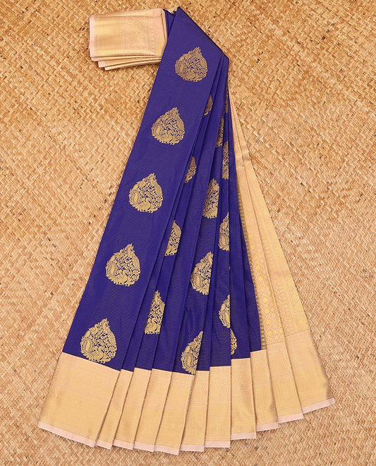 Blue zari stripes, and peacock buttas budget silk saree, contrast traditional zari design border, and jaal pallu