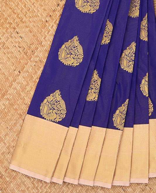 Blue zari stripes, and peacock buttas budget silk saree, contrast traditional zari design border, and jaal pallu