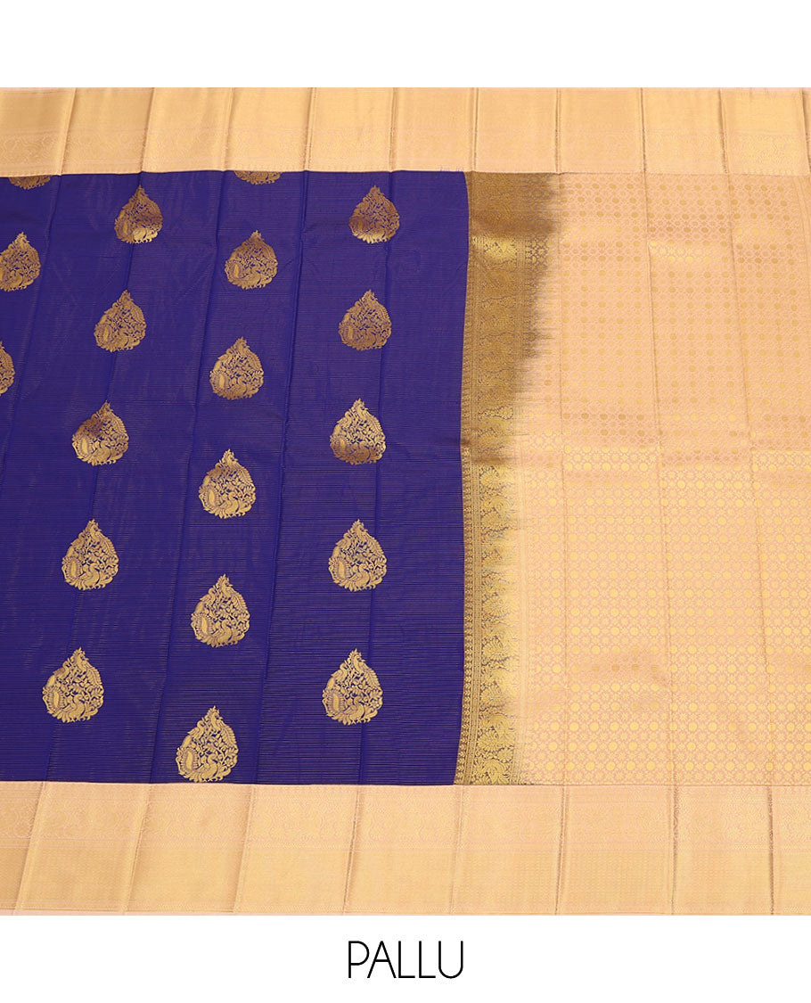 Blue zari stripes, and peacock buttas budget silk saree, contrast traditional zari design border, and jaal pallu