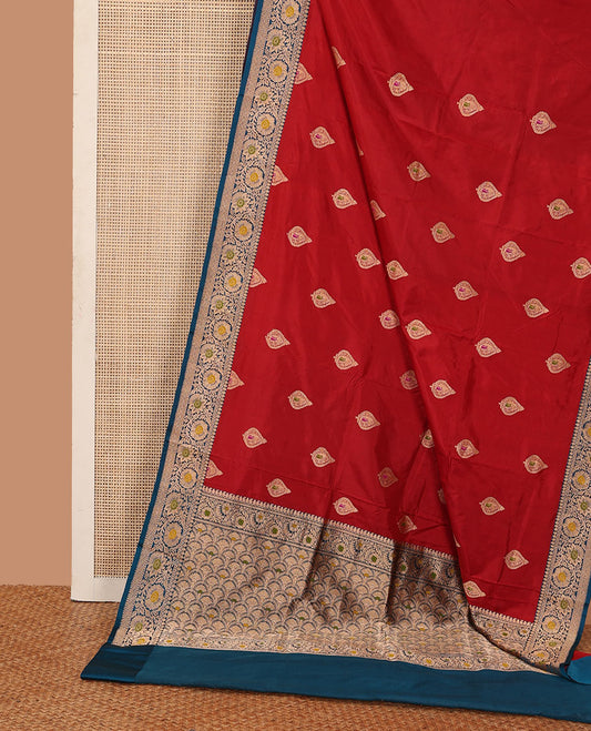 Red thilakam motifs kathan silk saree, contrast traditional border of floral creeper design, and scallop design pallu