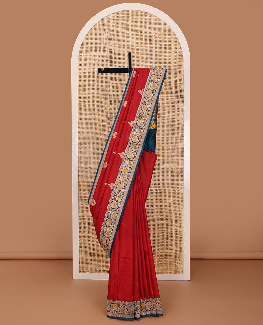 Red thilakam motifs kathan silk saree, contrast traditional border of floral creeper design, and scallop design pallu