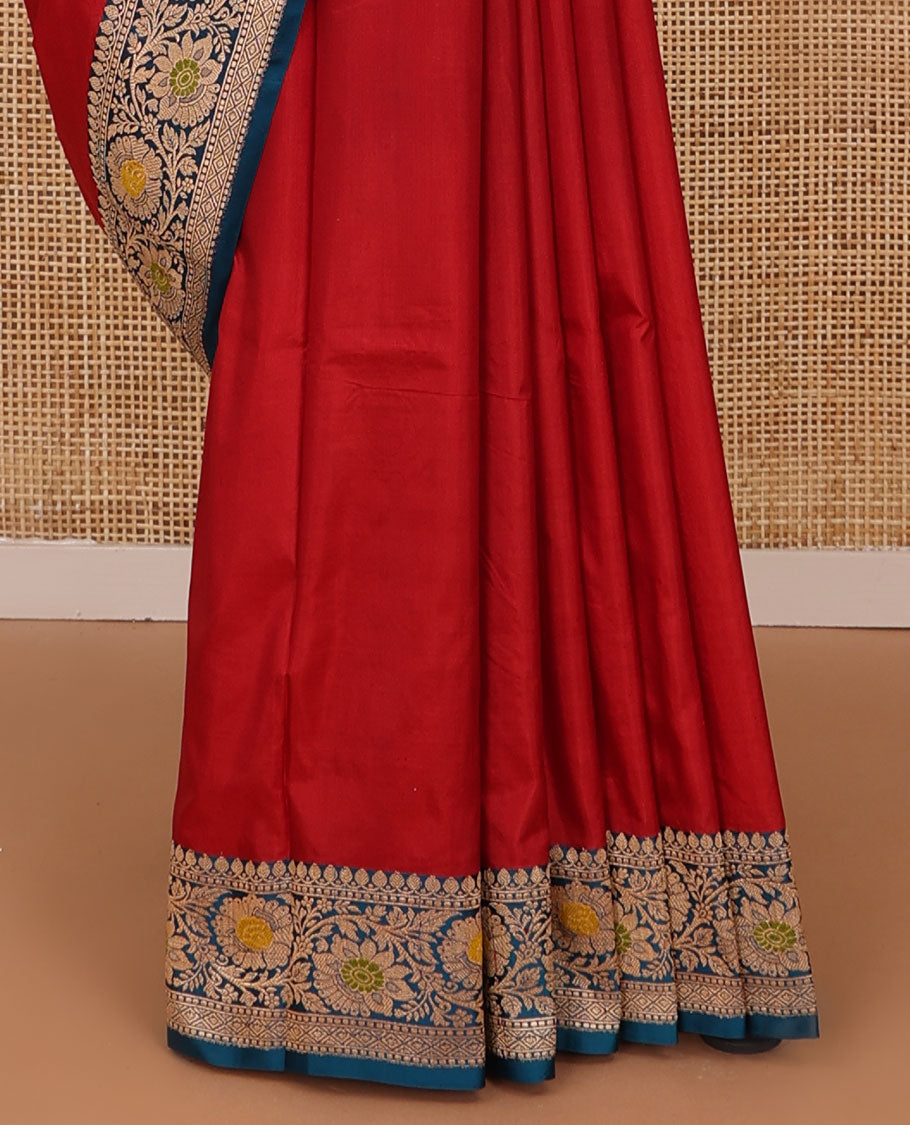 Red thilakam motifs kathan silk saree, contrast traditional border of floral creeper design, and scallop design pallu