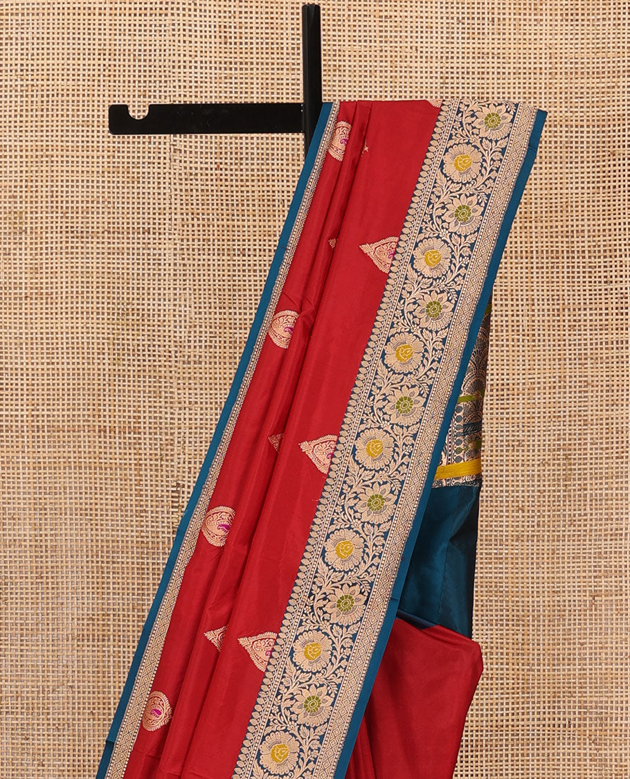 Red thilakam motifs kathan silk saree, contrast traditional border of floral creeper design, and scallop design pallu