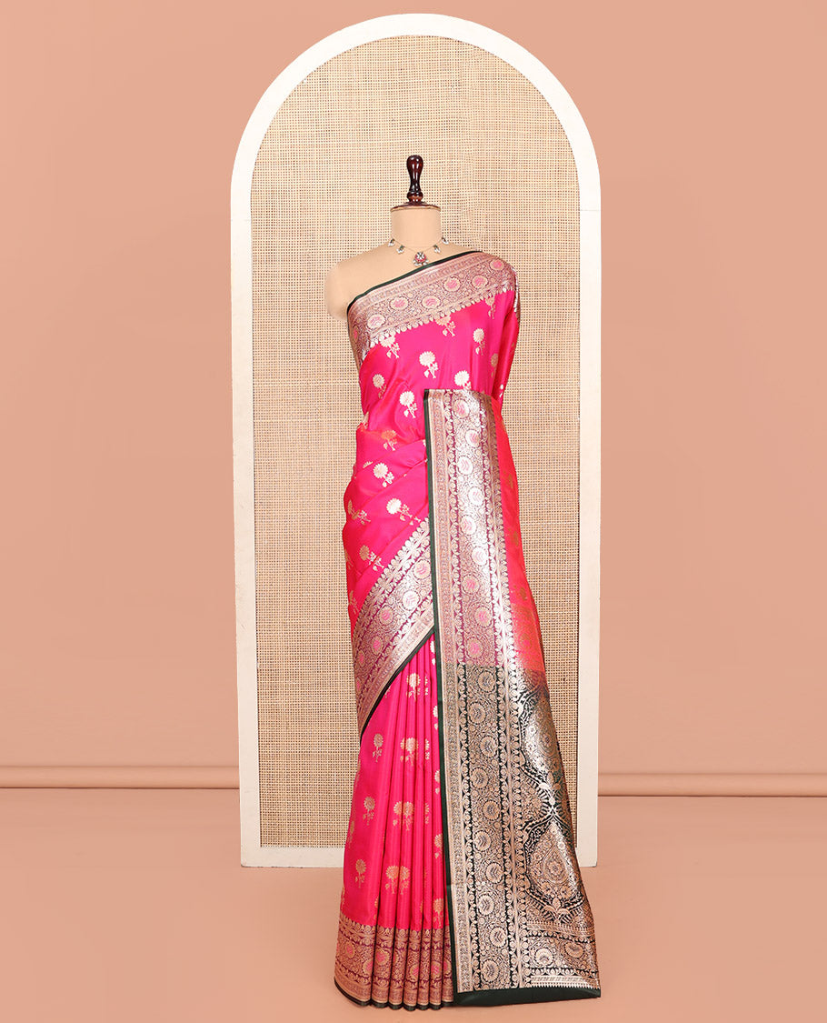 Pink Banarasi Nylon Saree, Accentuated with Floral Buttas, Complemented by a Contrast Traditional Zari Border, Intricate Pallu, and a Contrast Blouse