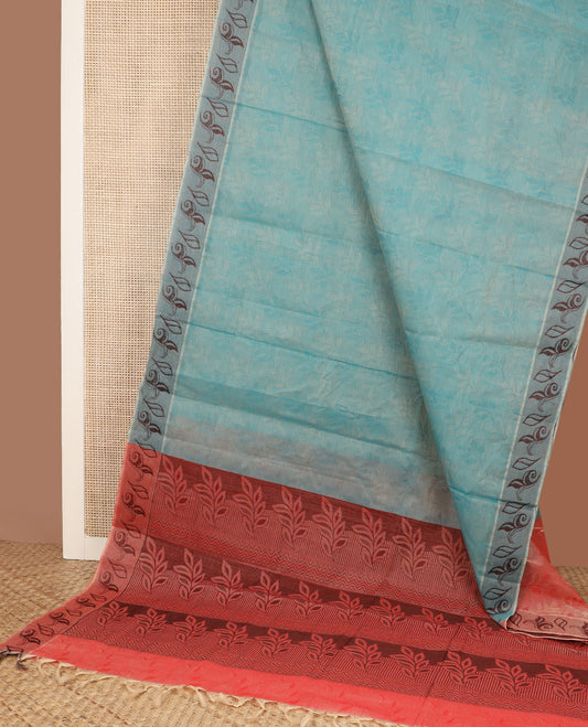Blue leaf design Coimbatore cotton saree, leaf motifs border & contrast leaf motifs pallu