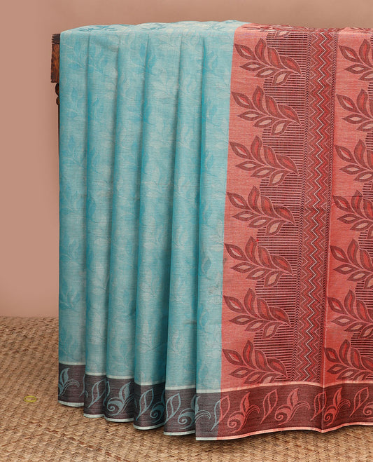 Blue leaf design Coimbatore cotton saree, leaf motifs border & contrast leaf motifs pallu