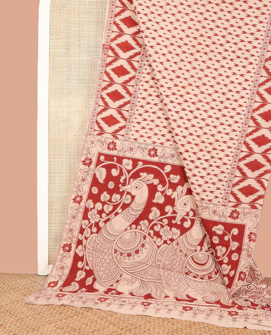 Cream-Red Machine-Printed Kalamkari Cotton Saree, Printed with Buttas on Its Body, Diamond-Printed Border, Pallu of Peacock Print, and Paired with a Printed Blouse