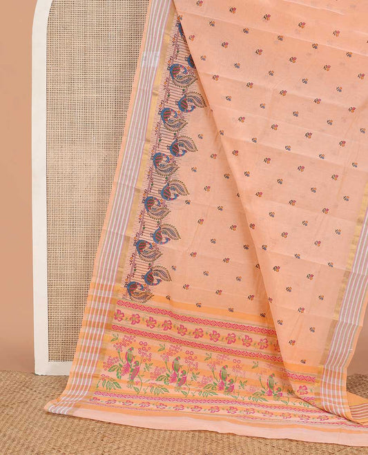 Orange meena floral buttas & peacock printed chirala cotton saree, striped border & pallu of floral & bird design