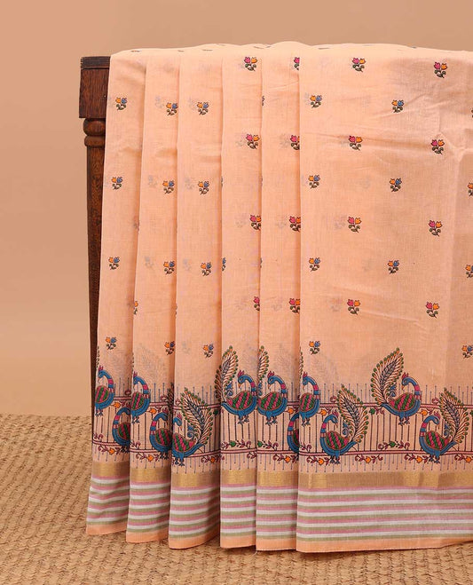Orange meena floral buttas & peacock printed chirala cotton saree, striped border & pallu of floral & bird design