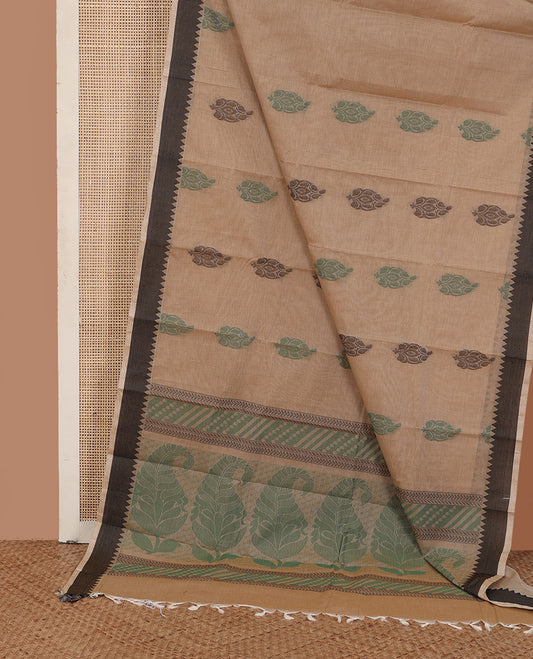 Sandal buttas kanchi cotton saree, contrast border, and pallu of paisley designs